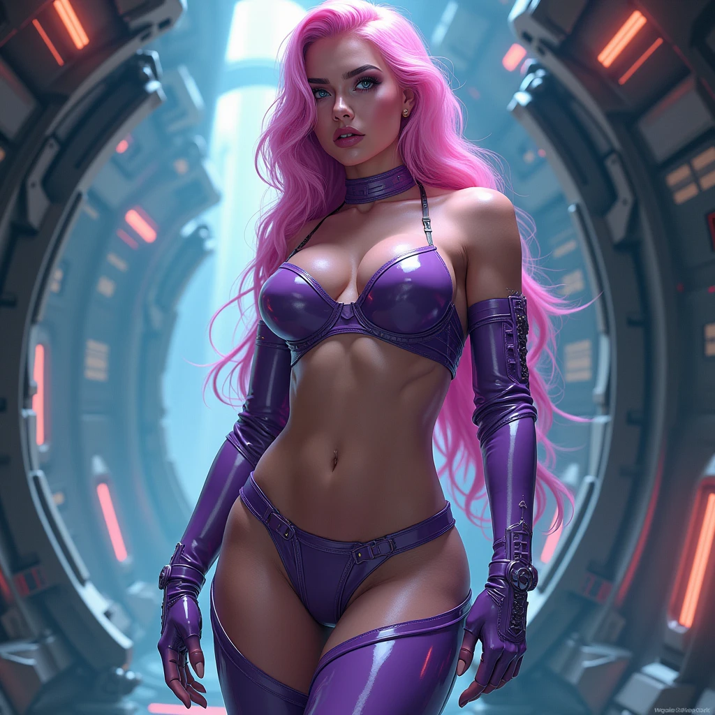 (Best quality, High resolution, Highly detailed, Actual), (pink Long Hair), (({Huge|Giant|Huge|Huge|Mega|Fake} breasts pushed up)), (One piece lingerie style outfit made of shiny rubber/latex with thigh high boots attached to the rest of the outfit with garters: 1.4), (purple bra: 1.4), purple latex stockings, and open purple high heel boots, (Background inside a spaceship: 1.4), (strong muscles on arms), (strong abdominal muscles), (athletic body), epic fantasy art style hd, 4K fantasy art, epic fantasy digital art style, epic fantasy art style, Fantasy Woman, epic fantasy art portrait, epic fantasy style, hyperrealistic fantasy art, fantasy art hd, epic fantasy character art, epic fantasy art, in dark fantasy art style, epic English: fantasy digital art, high quality, (raw photo, best quality), (realistic, Photorealistic: 1.4), (very nice and Beautiful: 1.4), Amazing, fine detail, masterpiece, Very detailed, high resolution, best illustration, best shadow, intricate, (very intricate: 1.2), (very detailed skin), cinematic light, Perfect anatomy, (cool color: 1.4), Sharp focus, 8K UHD, DSLR, (Fujifilm XT3), (cowboy pose: 1.4), (cinematic lighting: 1.4), (bright color: 1.4), (Cindy Aurum Fantasy best quality: 1.4, realistic photographer: 1.4, skin texture: 1.4, master work: 1.8, master work, best quality, Object Object], (facial detail features: 1.3), (correct proportions), (beautiful light blue eyes), (((85mm F/1.4)), (purple bikini bra: 1.4), ((vaquero pose: 1.4)),(medium body pose), (Alexandra Daddario :V2.1 ), (perfect detailed anatomy :1.4), (white transparent plastic mechanical cyborg :1.4), (transparent plastic cyborg mechanical assembly :1.4)