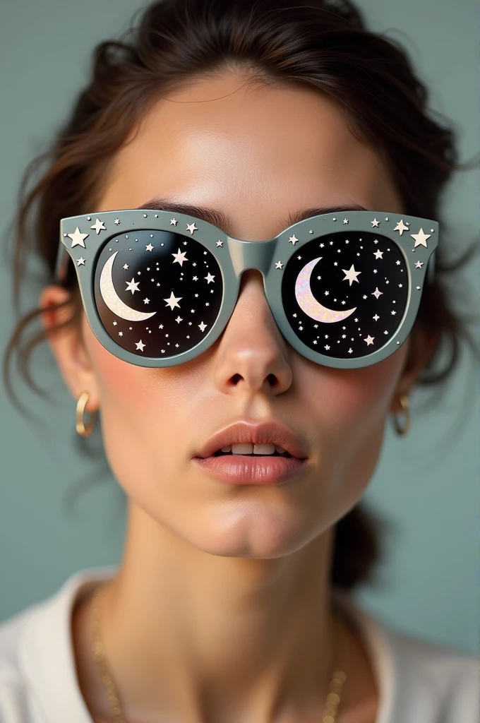 The model is wearing glass sunglasses with stars and the moon on the glass
