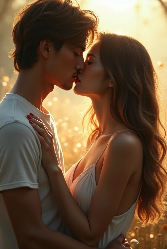Take my image and create a kissing scene with beautiful girl