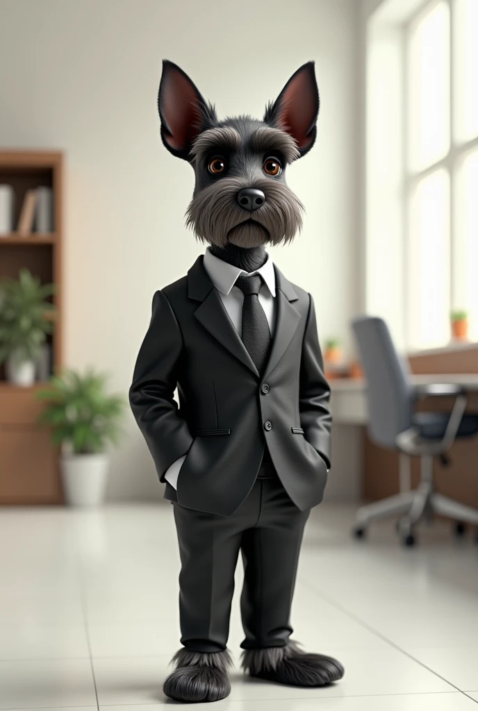 Small black Schnauzer dog in nutritionist suit