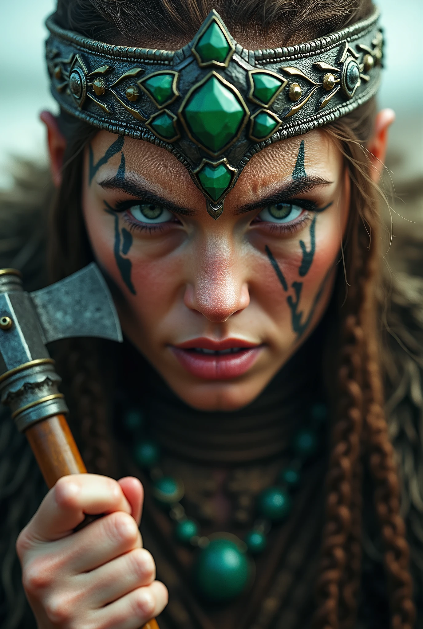 Viking warrior close-up, small axe in hand, Woman, axe next to the face, large head ornament , green stone necklace on neck, tattoo in face, yelling