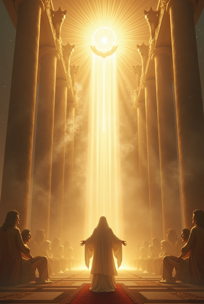 Create an image where the promise of the virgin of fatima (whose appearance is more brilliant than the sun, and
radiated a light more clear and intense than a crystal glass filled with
sparkling water, when the rays of the burning sun shine through it) was kept by a young male sinner and she is saving his soul at God's heavenly court (which looks like inside of a celestial temple and behind the virgin of fatima is the Lord seated(whpse appearance is that the hair of his head was as white as white wool or as snow,* and his eyes were like a fiery flame.
His feet were like polished brass refined in a furnace,* and his voice was like the sound of rushing water.
In his right hand he held seven stars.* A sharp two-edged sword came out of his mouth, and his face shone like the sun at its brightest.) on a high and lofty throne,a with the train of his garment filling the temple and around god there are seraphims ad angels ) and Our Lady opening her hands,
communicating him a light so intense from her hands that, as it streamed from
her hands, its rays penetrated his heart and the innermost depths
of his soul, making him see himself in God, Who was that light,
more clearly than he sees himself in the best of mirrors