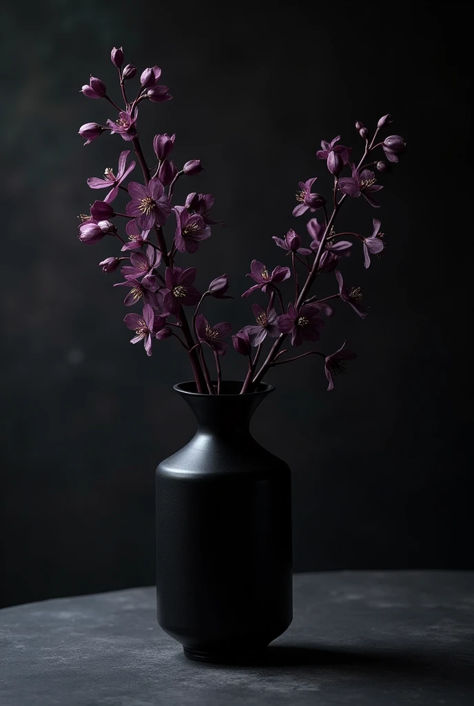 An image of a black vase painting, on a dark background, with Atropa Belladonna inside