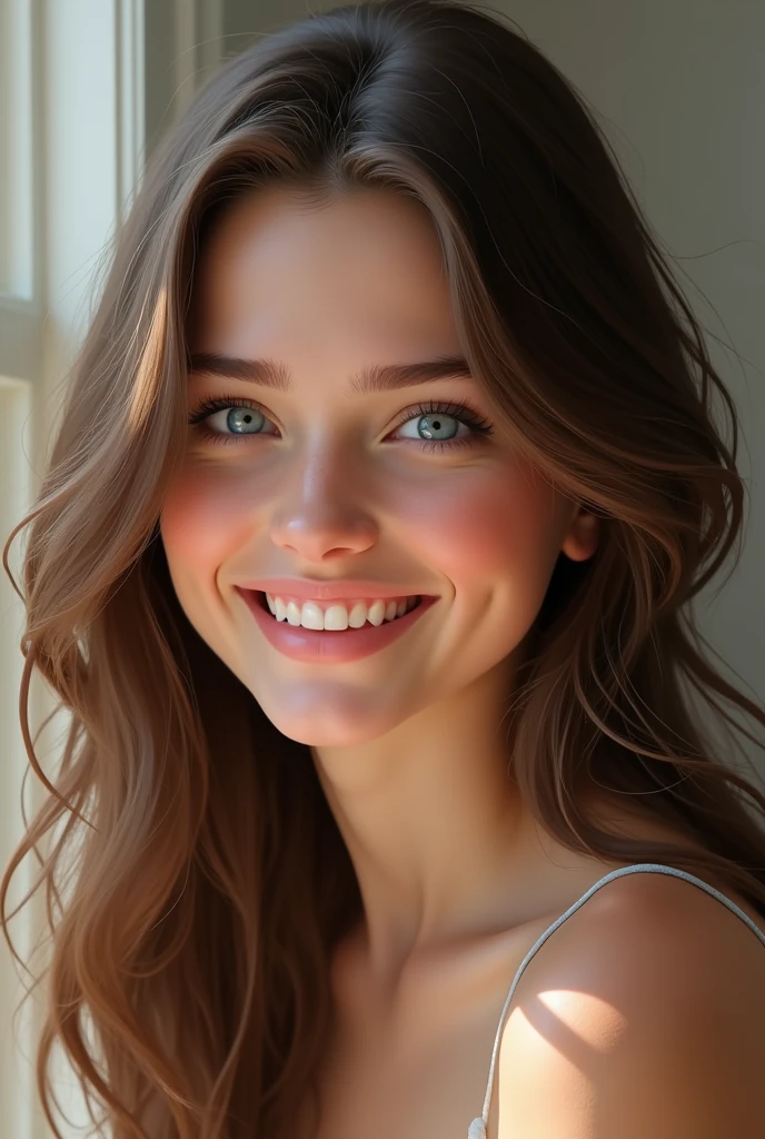 a young brunette ,brown hair blue eyes smiling realistic