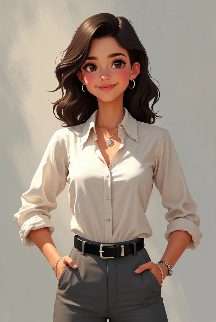 ager, with dark brown hair, dark brown eyes, wavy hair, hair a little longer than shoulder length, not so skinny, White skin, 1.65cm tall, not so skinny pero tampoco gorda, somewhat round face, small nose and mouth, eyes not a little Chinese but big. Include something related to excel, basketball, programming, chemistry, and study and win medals or competitions. cheered up. CLOTHES: grey formal dress pants, button down dress blouse, black belt, silver earrings and rings.