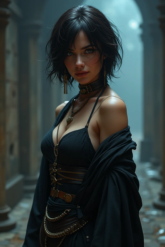 Nikita is a beautiful female assassin, short brown hair, in the style of Boris Vallejo, high detail sexy assassin robes, high detail face, high detail skin, athletic body, (perfect proportions), Heavy Metal aesthetic, high fantasy background, high quality, masterpiece, realistic photo, intricately detailed, 8k, HDR, shallow depth of field, wide light, high contrast, backlight, light flares, sharp focus, RAW color photo, looking at the camera, cool colors, various poses