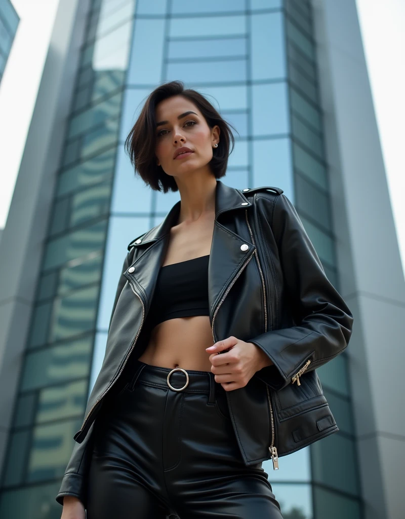 A woman with short black hair wears a black leather jacket and high-waisted pants, posing in front of a modern glass building. 8K photography enhances the textures of leather and the shine of glass surfaces, creating an image of urban and sophisticated style.