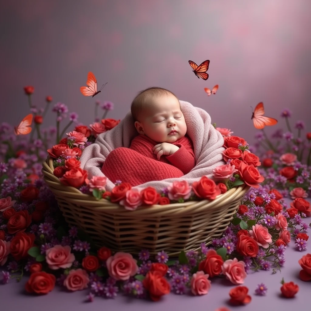 red blanket on a baby in a  shape basket with red flowers, butterfly fling around the baby wrapped in flowers, violet colored theme, red themed, inspired by Anne Geddes, violet theme, draped in purple, bed of flowers on floor, maternal photography 4 k, lovely and cute, girl in a bed of flowers, cute photo, purple and pink, beautiful cute, covered with flowers, buttefly aroung the baby , some clody look .