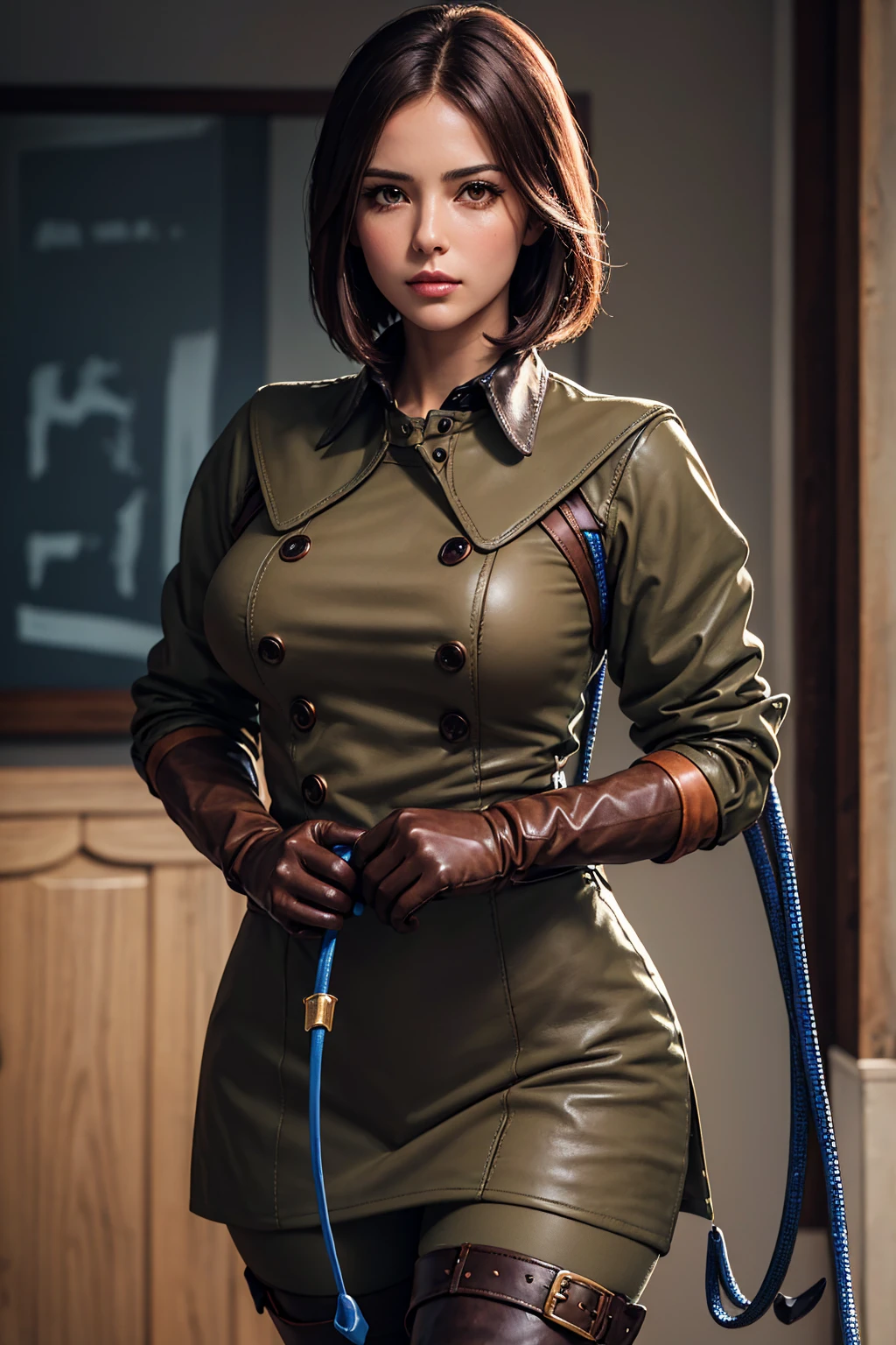 (Best image quality, highest quality, Highest Resolution, Ultra-Realistic Images, Very detailed, masterpiece, 8k), One Woman, Brown medium hair, Khaki military uniform, Leather gloves, Leather boots, ((With a blue whip)), big Breasts, blush, serious look, Dynamic pose, Browsing Caution, half body, perfect face, sexy body