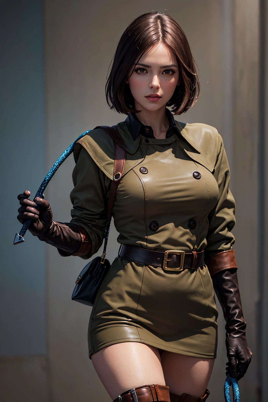 (Best image quality, highest quality, Highest Resolution, Ultra-Realistic Images, Very detailed, masterpiece, 8k), One Woman, Brown medium hair, Khaki military uniform, Leather gloves, Leather boots, ((With a blue whip)), big Breasts, blush, serious look, Dynamic pose, Browsing Caution, half body, perfect face, sexy body