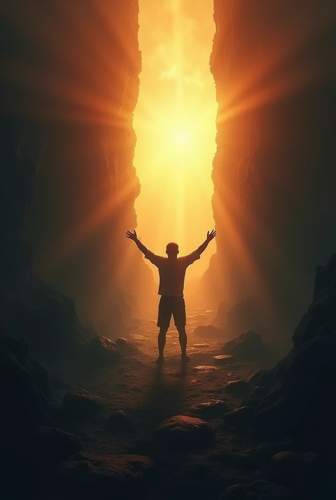 "Cover of a book entitled 'REBIRTH FROM THE SHADOWS' that has an image representing the concept of 'rebirth from the shadows'. In the middle, A human figure emerges from a dark, dense shadow, with his arms outstretched towards the light shining from above. The figure seems to be reborn, as if emerging from the darkness into a new dawn. Around it, the shadows slowly dissipate, transforming into warm colors like gold, orange and red, symbolizing hope and renewal. The background shows a half-shadowed landscape, half lit, representing the transition from darkness to light."