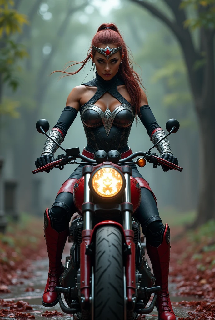 (((A beautiful woman riding a futuristic high-powered motorcycle (((Black and burgundy one-piece suit with scales on the sides that covers the entire body))),(((Black corset with burgundy trim at the height of her Wonder Woman breasts)))Red hair tied back in a long ponytail Silver metal headband with a red star on her forehead Long silver bracelets Long red boots above her knees Blood around her (((cursed cemetery))),(((Bloody and terrifying images of a high-displacement red motorcycle with Wonder Woman logos)))