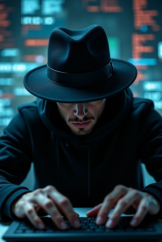 A black hat hacker looking forwards