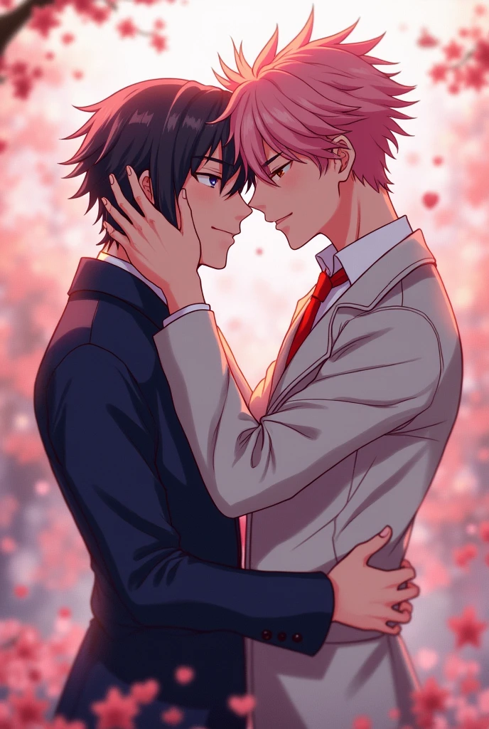 Adult boys, gay kiss, itadori yuji, e Ryomen Sukuna, anime jujutsu kaisen, pink hair, shorth hair