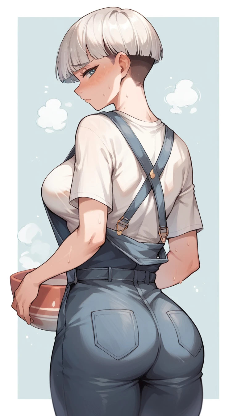 redesign, 1 girl, bowl cut, short white hair, overalls, shy, blue colored eyes, overalls, breasts big, in this, from behind, tight overalls, sweat