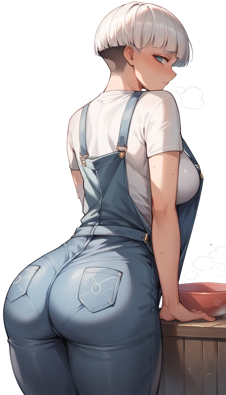 redesign, 1 girl, bowl cut, short white hair, overalls, shy, blue colored eyes, overalls, breasts big, in this, from behind, tight overalls, sweat