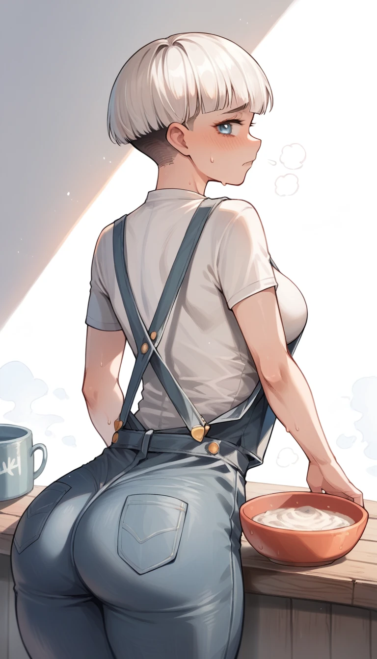 redesign, 1 girl, bowl cut, short white hair, overalls, shy, blue colored eyes, overalls, breasts big, in this, from behind, tight overalls, sweat