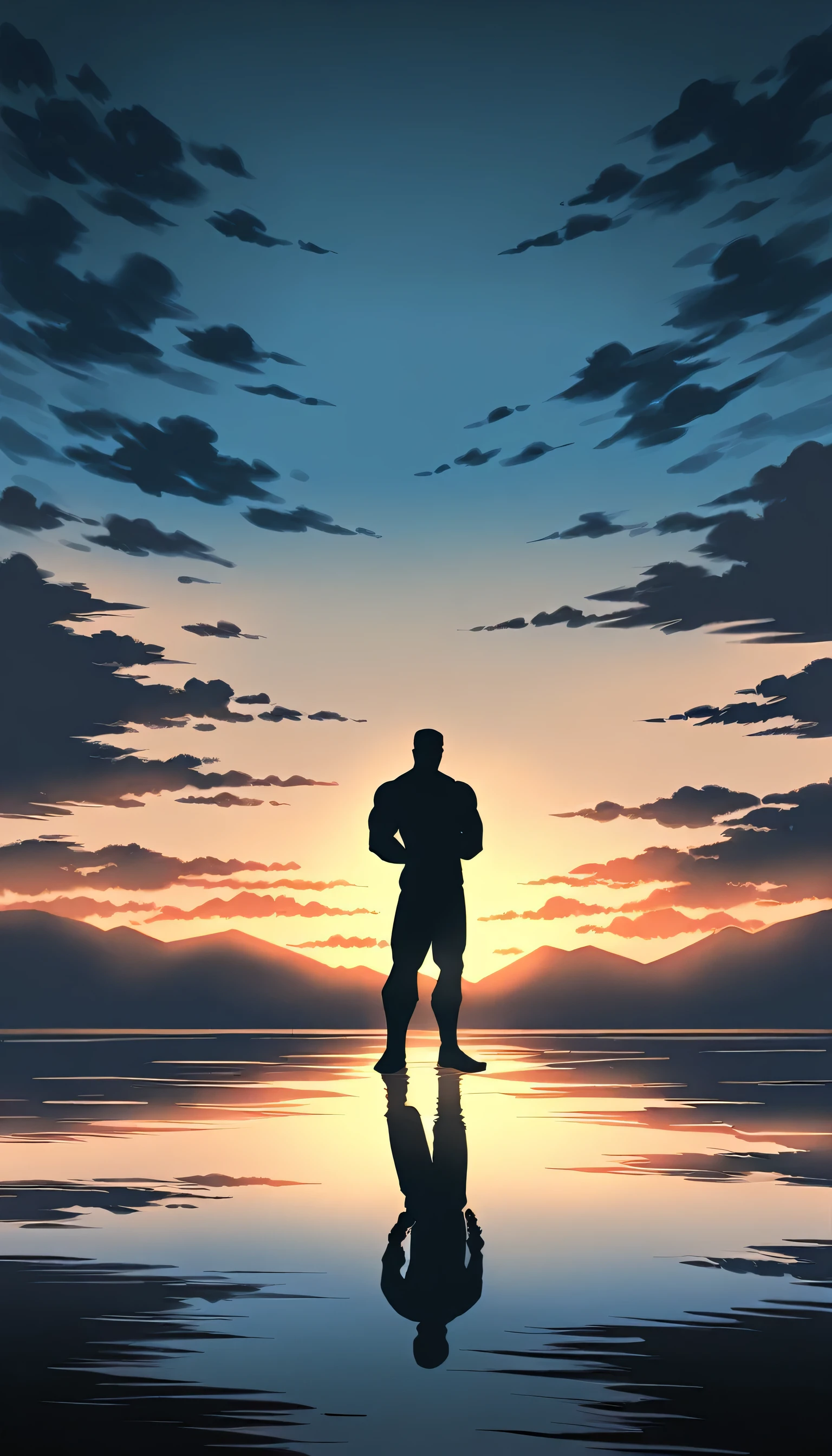 A Strong Buddhist muscular man stands in the smoke, loneliness, Black jumpsuit, Very tight, Silhouette effect, Tall muscular man, Priapus, Dark Black, Dark black skin, Buzz Cut, His muscles are very developed, Very tall, short hair, Blend into the smoke, Lake, Reflection, Sunset, Sunset, Man silhouette, Chinese, black and white, Simple style