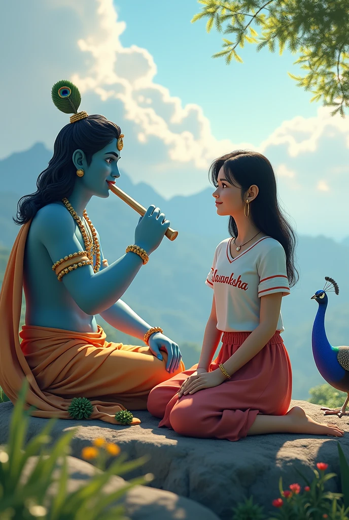 "A serene 3D rendered scene depicting a 20-year-old Indian girl named Priya sitting next to Lord Krishna on a mountain. Krishna is playing his divine flute. Priya wears a t-shirt with her name 'Akanksha' prominently displayed, ensuring the text is spelled correctly. They are surrounded by a heavenly, breathtaking background view. A peacock dances nearby, adding to the magical atmosphere. The image should have a realistic style, with attention to detail. Priya is barefoot, emphasizing her connection to nature."