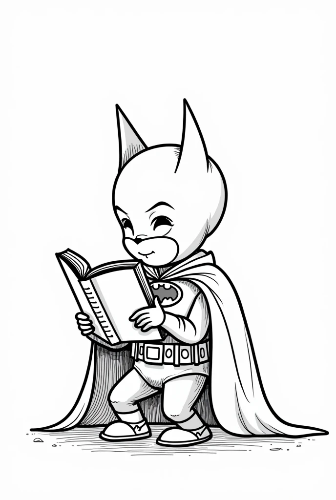Create an illustration for children&#39;Boken para colorir, which can be used in the Zara store. Deixe as roupas e o fundo uncolored., so that children can color them to their liking. Batman reading the holy bible. Full-body image. white background, with nothing. Imagem uncoloredes, disney pixar style drawing. Masterpiece artwork, best qualityer, hight contrast, uncolored, Boken , style cartoon, Sketch style, black and white without shading, uncolored, no shadow, style cartoon, line art, 