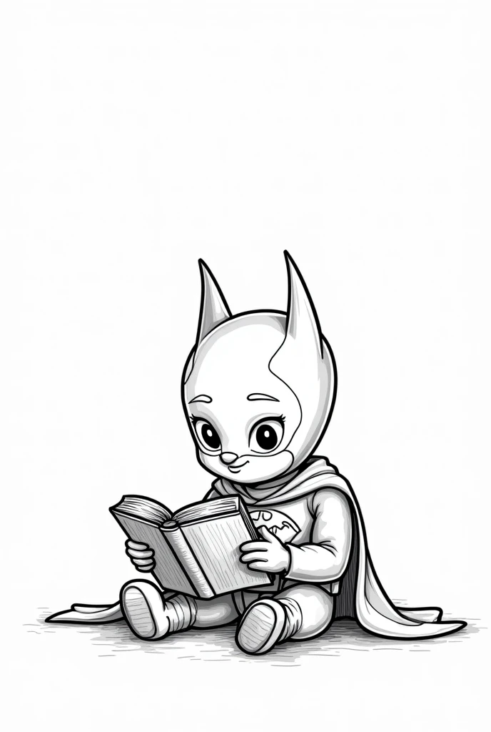 Create an illustration for children'Boken para colorir, which can be used in the Zara store. Deixe as roupas e o fundo uncolored., so that children can color them to their liking. Batman reading the holy bible. Full-body image. white background, with nothing. Imagem uncoloredes, disney pixar style drawing. Masterpiece artwork, best qualityer, hight contrast, uncolored, Boken , style cartoon, Sketch style, black and white without shading, uncolored, no shadow, style cartoon, line art,