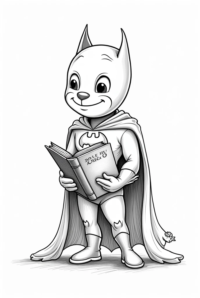 Create an illustration for children'Boken para colorir, which can be used in the Zara store. Deixe as roupas e o fundo uncolored., so that children can color them to their liking. Batman reading the holy bible. Full-body image. white background, with nothing. Imagem uncoloredes, disney pixar style drawing. Masterpiece artwork, best qualityer, hight contrast, uncolored, Boken , style cartoon, Sketch style, black and white without shading, uncolored, no shadow, style cartoon, line art,