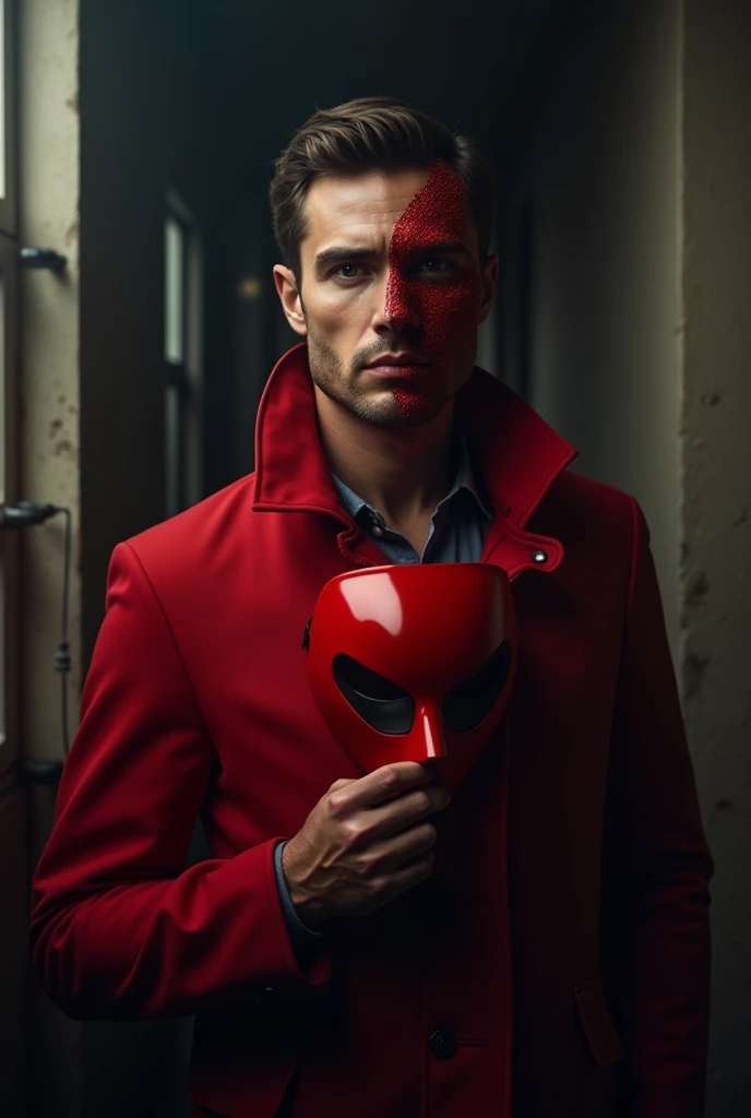 A handsome man cover his half face on money heist mask and wearing red dangree