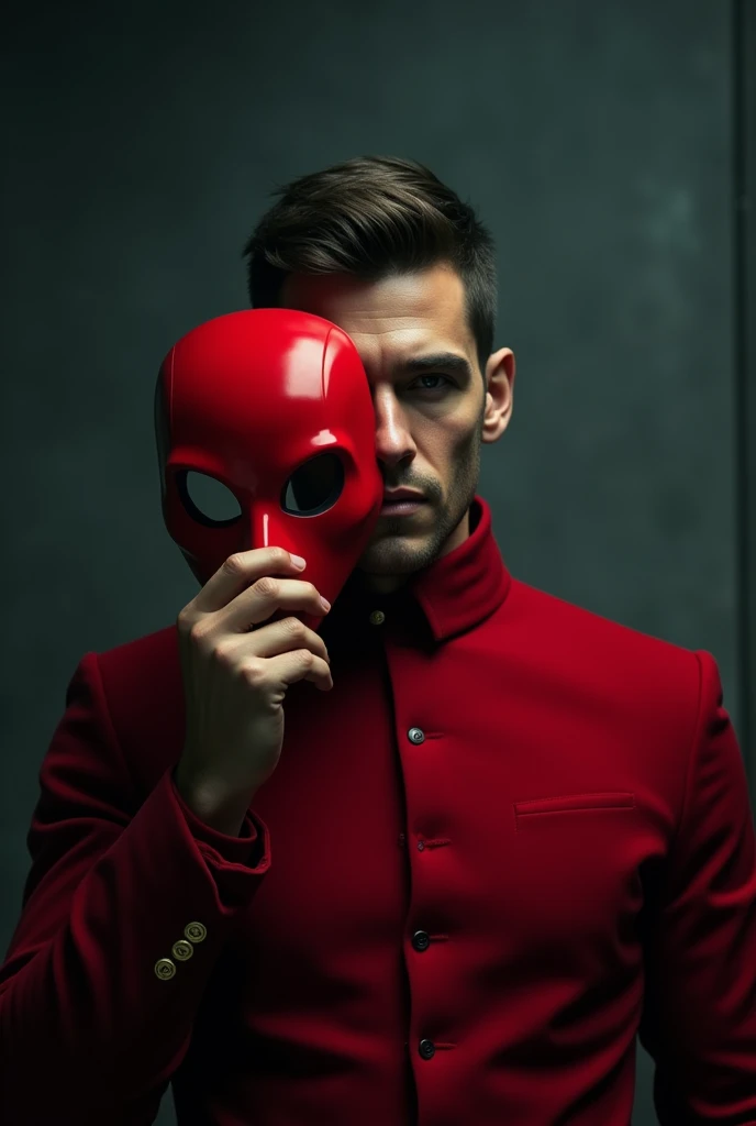A handsome man cover his half face on money heist mask and wearing red dangree