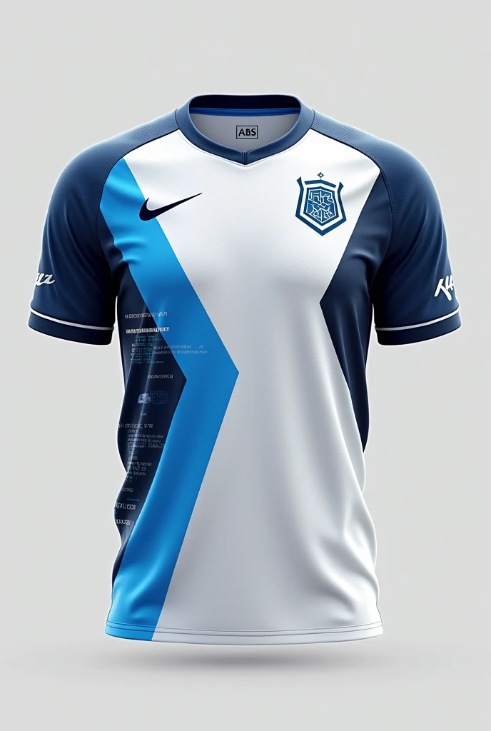 Create an image of a football shirt, that wears white colors with blue and black details, that has a shirt collar and is related to the career of Software Engineering with AI