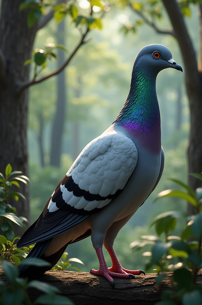 Create a highly realistic and detailed image of a passenger pigeon in its natural habitat. The pigeon should have a sleek, blue-grey body with a white belly and iridescent neck feathers that shimmer with green and purple hues. Show the pigeon perched among dense, leafy trees in a North American forest, reflecting the bird's historical abundance. The background should include a mix of tall trees, foliage, and possibly other pigeons in a flock to emphasize the bird’s past numbers."
