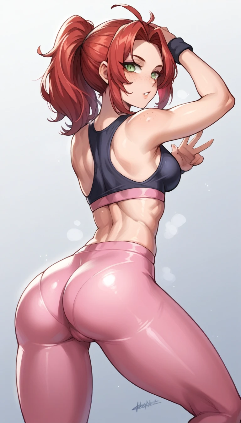 A young girl with red hair, light green eyes, and a few freckles, dressed in workout clothes. She is wearing bright white or pink leggings that are extremely tight and a matching cropped top, accentuating her athletic and well-defined body. The focus should be on a view from the back with a slightly upward perspective, revealing a large, well-defined buttocks marked by the leggings. The leggings should create a clear V effect in the groin area. Ensure the image is of exceptional quality with a subtle glow on her skin to enhance the visual appeal.