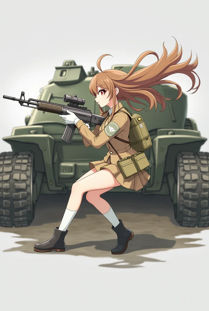 anime girl in uniform with a gun and a hat anime maid nazi ss military with rifle, (hair swept bangs:1.3), (long brown hair:1.3), 1girl, solo, blush, bangs, skirt, simple background, shirt, black hair, red eyes, gloves, long sleeves, hat, white background, holding, closed mouth, standing, jacket, full body, weapon, shoes, socks, white gloves, black footwear, holding weapon, uniform, gun, military, military uniform, white socks, holding gun, armband, rifle, brown skirt, brown jacket, military hat, brown headwear, assault rifle, brown shirt, anime style, from girls frontline, fine details. girls frontline, girls frontline universe, girls frontline style, girls frontline, girls frontline cg, soft anime illustration, 2 0 2 2 anime style, 2022 anime style, pixiv contest winner, pretty anime character design, render of april