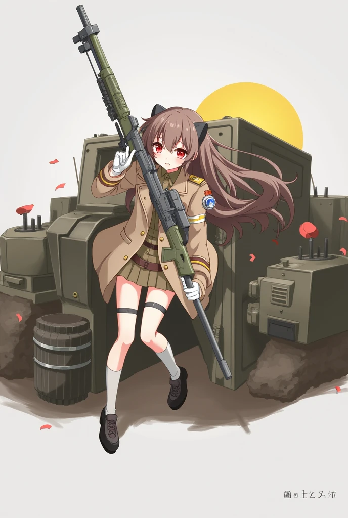 anime girl in uniform with a gun and a hat anime maid nazi ss military with rifle, (hair swept bangs:1.3), (long brown hair:1.3), 1girl, solo, blush, bangs, skirt, simple background, shirt, black hair, red eyes, gloves, long sleeves, hat, white background, holding, closed mouth, standing, jacket, full body, weapon, shoes, socks, white gloves, black footwear, holding weapon, uniform, gun, military, military uniform, white socks, holding gun, armband, rifle, brown skirt, brown jacket, military hat, brown headwear, assault rifle, brown shirt, anime style, from girls frontline, fine details. girls frontline, girls frontline universe, girls frontline style, girls frontline, girls frontline cg, soft anime illustration, 2 0 2 2 anime style, 2022 anime style, pixiv contest winner, pretty anime character design, render of april