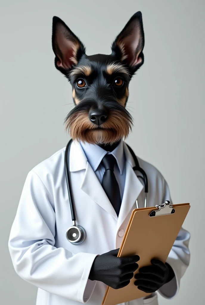 Small black Schnauzer dog wearing a nutrition doctor&#39;s outfit 