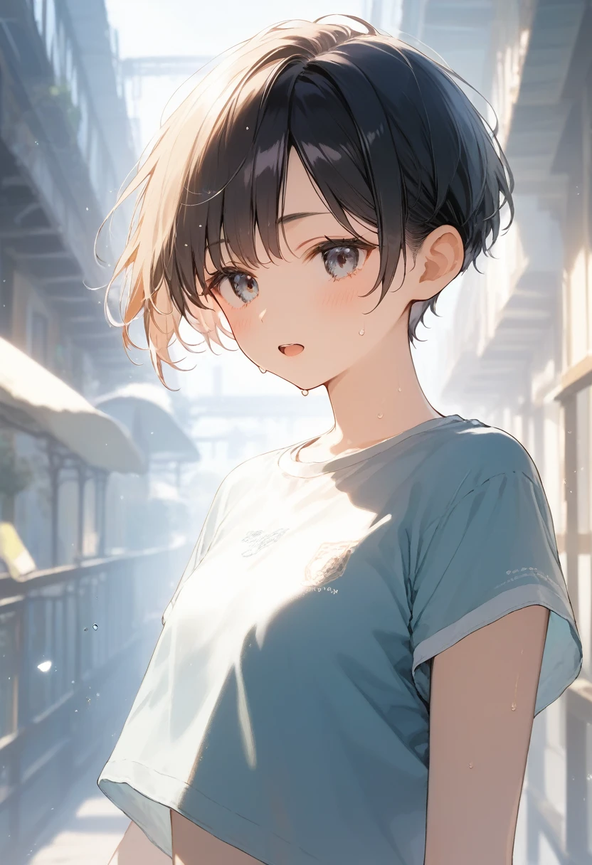 score_9, score_8_up, score_7_up, source_anime, best quality, masterpiece, official art, absurdres, highres, ultra-detailed,waifu2x,Collection: Slice of Life,break,1girl, short hair, pixie cut, flipped hair, small breasts, beautiful (well-shaped) breasts,beautiful detailed eyes, sweat, gym shorts, (wavy mouth:0.3), open mouth, (Detailed Lighting),(Detailed background),outdoors, break,(clear line illustration:1.2), super detailed skin,very high resolution, very aesthetic, Best sexual lighting powered by famous artist, 8k, 16k, cute picture,beauty illustration,photoshop_(medium),,best anime 8k konachan wallpaper, pixiv contest winner,