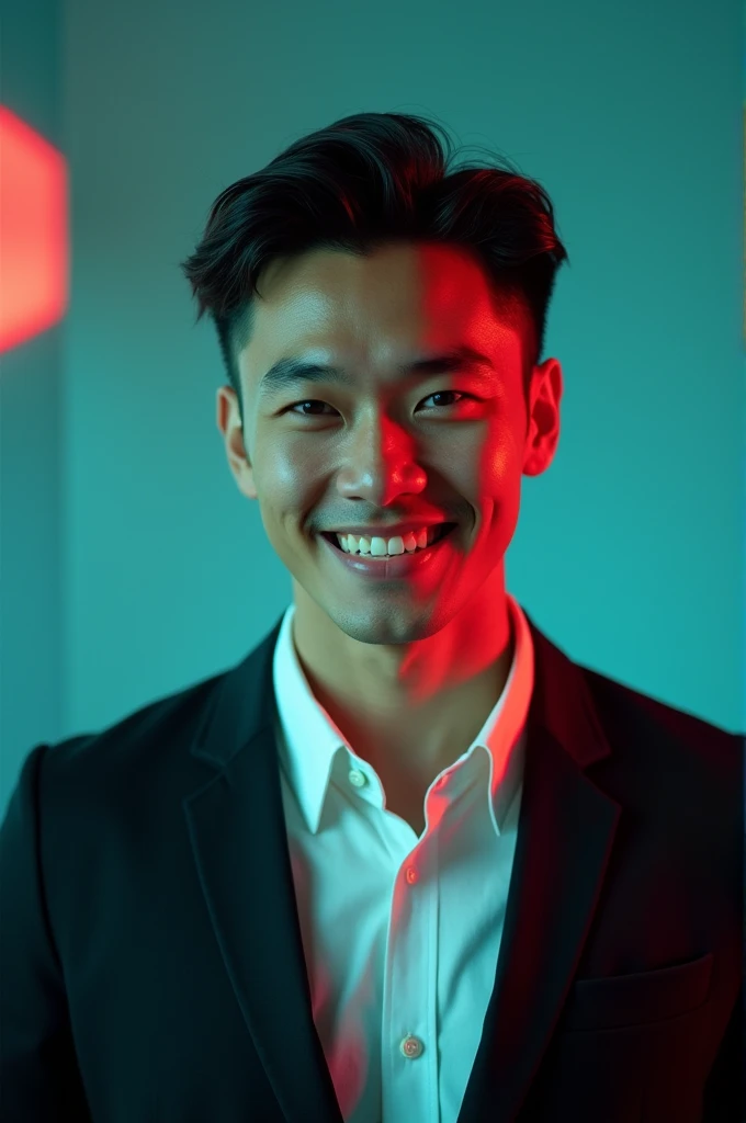 A young man with dark hair and a confident smile. He is dressed in a black blazer over a white shirt. The man is positioned against aqua colour backdrop with a subtle red lighting on the left side. and he posing for Linkedin profile