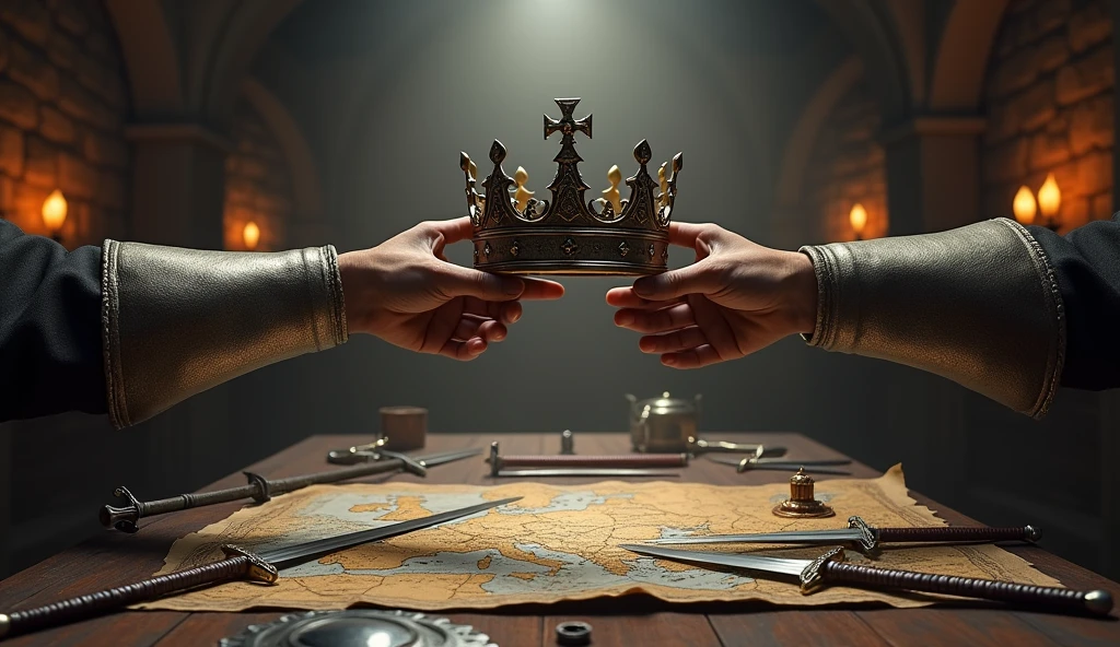 Illustrate a dramatic scene centered around a medieval crown placed prominently on a table covered with a detailed map of Europe. Surrounding the crown, display various medieval weapons such as swords, maces, and shields, scattered or neatly arranged to emphasize the theme of conflict and power. Two hands, one from each side, are reaching out towards the crown, symbolizing a struggle for dominance. The hands should be clad in gauntlets or gloves, reflecting the era's armor. The background can feature a dimly lit, medieval chamber with stone walls and flickering torchlight to enhance the atmosphere of tension and ambition, highlighting the intense competition for control and authority., Surrealism, Hyperrealism, UHD, retina, masterpiece, accurate, anatomically correct, textured skin, super detail, 16k