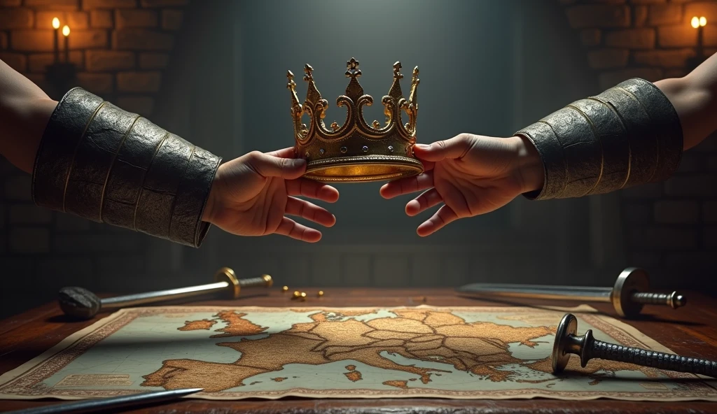 Illustrate a dramatic scene centered around a medieval crown placed prominently on a table covered with a detailed map of Europe. Surrounding the crown, display various medieval weapons such as swords, maces, and shields, scattered or neatly arranged to emphasize the theme of conflict and power. Two hands, one from each side, are reaching out towards the crown, symbolizing a struggle for dominance. The hands should be clad in gauntlets or gloves, reflecting the era's armor. The background can feature a dimly lit, medieval chamber with stone walls and flickering torchlight to enhance the atmosphere of tension and ambition, highlighting the intense competition for control and authority., Surrealism, Hyperrealism, UHD, retina, masterpiece, accurate, anatomically correct, textured skin, super detail, 16k