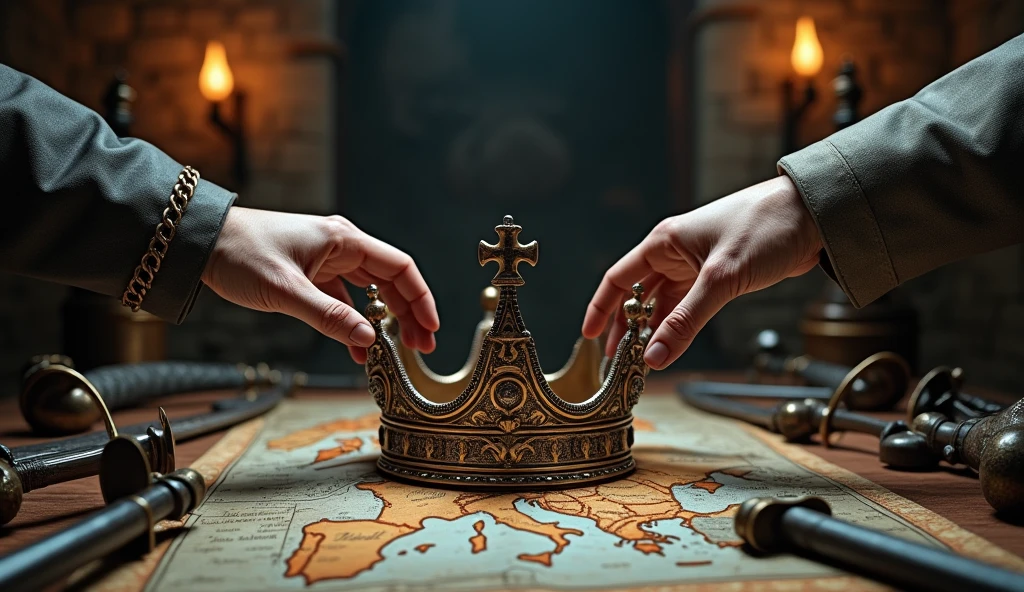 Illustrate a dramatic scene centered around a medieval crown placed prominently on a table covered with a detailed map of Europe. Surrounding the crown, display various medieval weapons such as swords, maces, and shields, scattered or neatly arranged to emphasize the theme of conflict and power. Two hands, one from each side, are reaching out towards the crown, symbolizing a struggle for dominance. The hands should be clad in gauntlets or gloves, reflecting the era's armor. The background can feature a dimly lit, medieval chamber with stone walls and flickering torchlight to enhance the atmosphere of tension and ambition, highlighting the intense competition for control and authority., Surrealism, Hyperrealism, UHD, retina, masterpiece, accurate, anatomically correct, textured skin, super detail, 16k
