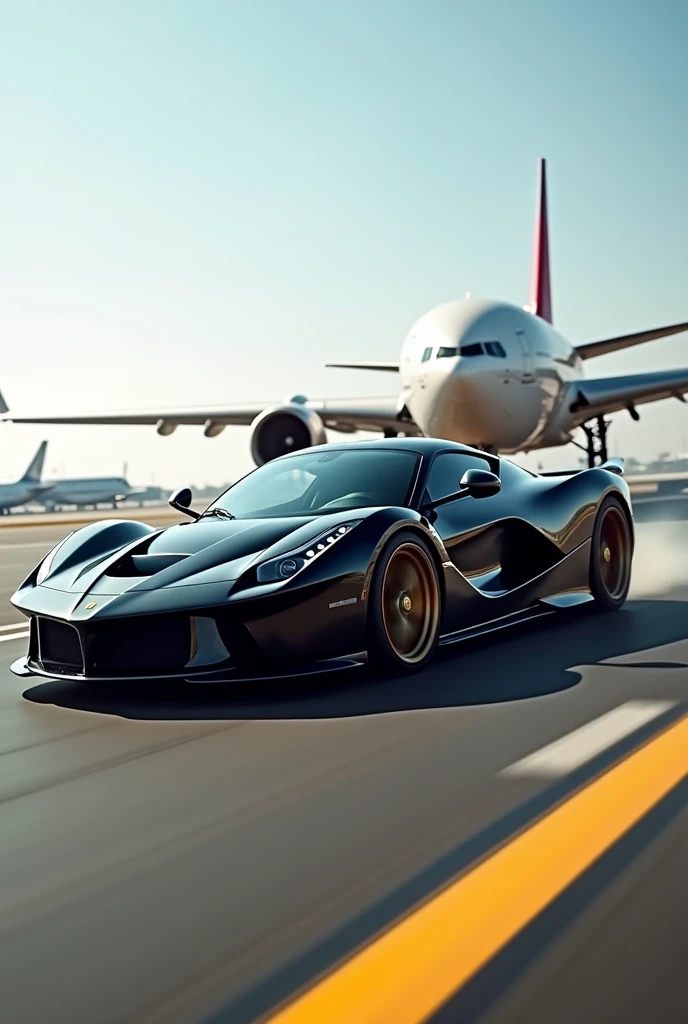 A black Ferrari with his top speed In the airport over the plane