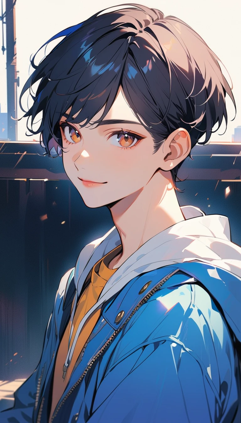 1man, solo, crew cut, black Hair, brown eyes, 18years old, smile, wear blue jacket, looking at viewer, light lips, upper body, closed mouth