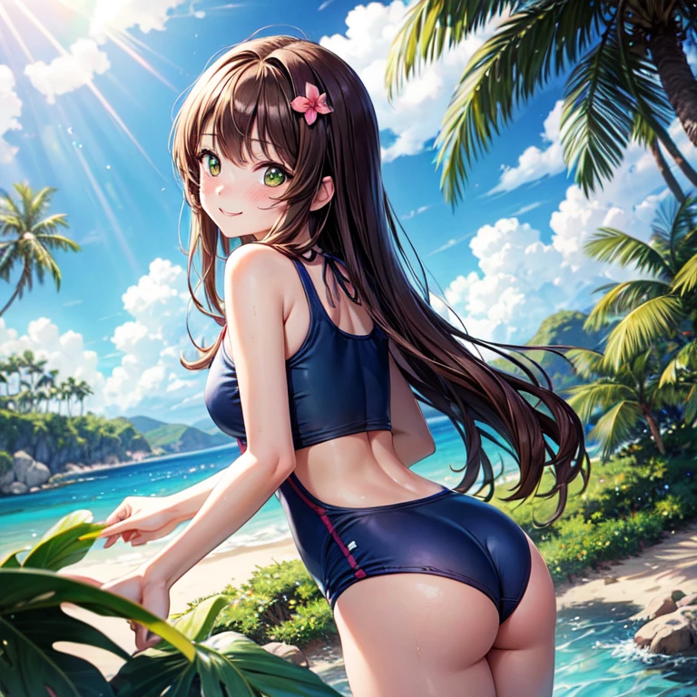 masterpiece, best quality, 1 girl, kinomoto sakura, brown hair, long hair, straight and loose, green eyes, school swimsuit, hands behind head, swimsuit, smiling, naughty face, alone, looking at viewer, sea, sand, blue sky, tropical island background, on the coast, sticking her out, sexosition, alone, outdoors, blue sky, park background