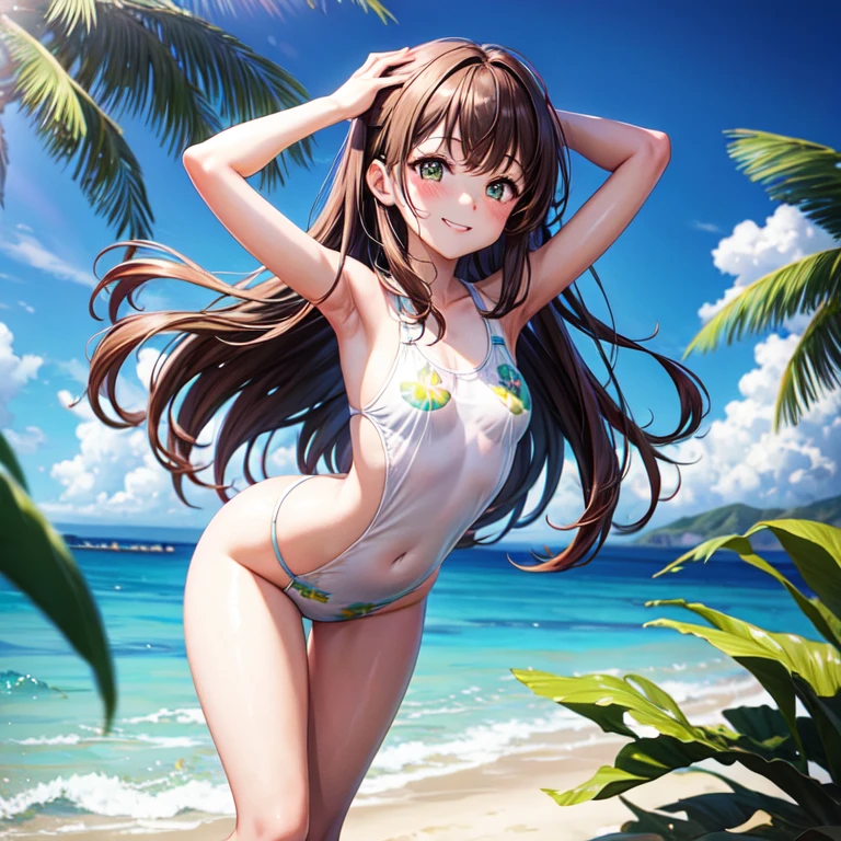 masterpiece, best quality, 1 girl, kinomoto sakura, brown hair, long hair, straight and loose, green eyes, school swimsuit, hands behind head, swimsuit, smiling, naughty face, alone, looking at viewer, sea, sand, blue sky, tropical island background, on the coast, sticking her ass out, sexy position, alone, outdoors, blue sky, park background