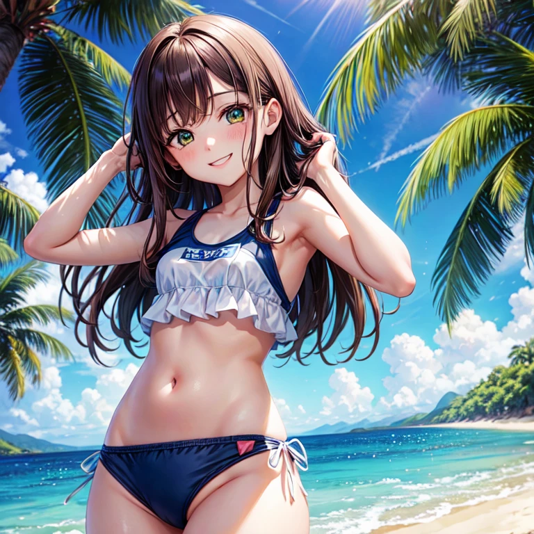 masterpiece, best quality, 1 girl, kinomoto sakura, brown hair, long hair, straight and loose, green eyes, school swimsuit, hands behind head, swimsuit, smiling, naughty face, alone, looking at viewer, sea, sand, blue sky, tropical island background, on the coast, sticking her ass out, sexy position, alone, outdoors, blue sky, park background