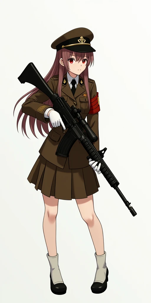 anime girl in uniform with a gun and a hat anime maid nazi ss military with rifle, (hair swept bangs:1.3), (long brown hair:1.3), 1girl, solo, blush, bangs, skirt, simple background, shirt, black hair, red eyes, gloves, long sleeves, hat, white background, holding, closed mouth, standing, jacket, full body, weapon, shoes, socks, white gloves, black footwear, holding weapon, uniform, gun, military, military uniform, white socks, holding gun, armband, rifle, brown skirt, brown jacket, military hat, brown headwear, assault rifle, brown shirt, anime style, from girls frontline, fine details. girls frontline, girls frontline universe, girls frontline style, girls frontline, girls frontline cg, soft anime illustration, 2 0 2 2 anime style, 2022 anime style, pixiv contest winner, pretty anime character design, render of april