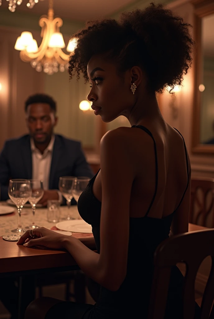Generate an image of a black skinny curvy woman in sitting in a restaurant and staring at a black handsome man sitting a far distance from her