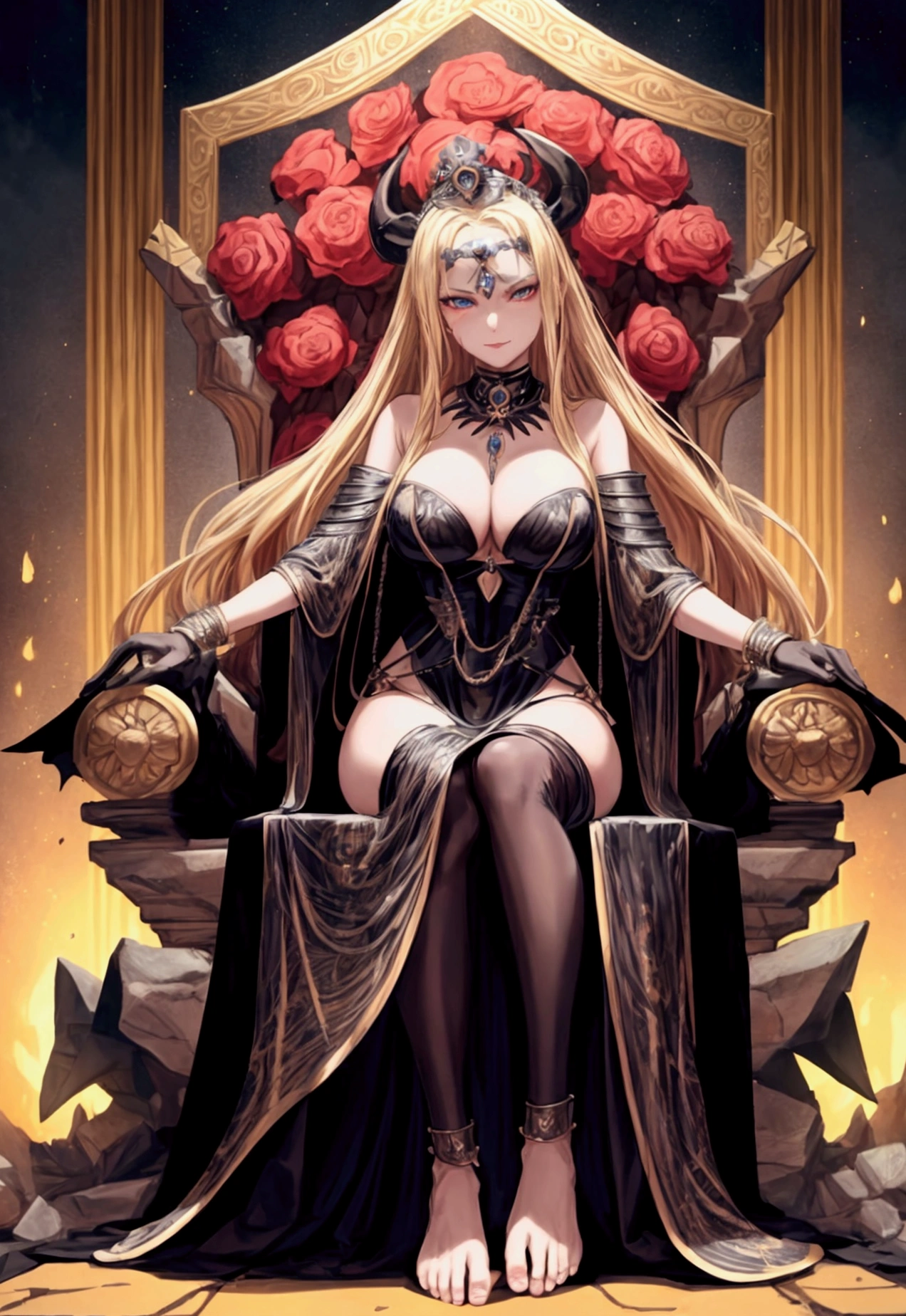 obsidian crown, excited, estilo heavymetal, 2D flat art, full body shot, 1 woman, barefoot, Session, Great cleavage, Scarce Leather Armor, 80s hairstyle, long blonde hair, throne, inside volcano, calaveras, bones, fierce look, cinematographic, high quality high saturation