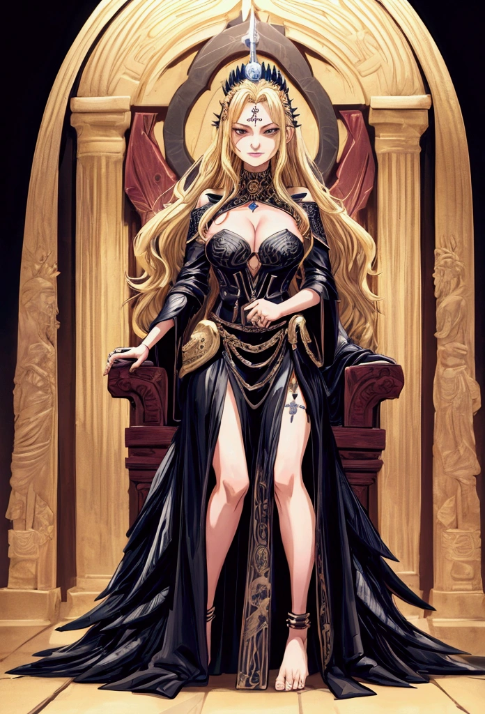 obsidian crown, excited, estilo heavymetal, 2D flat art, full body shot, 1 woman, barefoot, Session, Great cleavage, Scarce Leather Armor, 80s hairstyle, long blonde hair, throne, inside volcano, calaveras, bones, fierce look, cinematographic, high quality high saturation