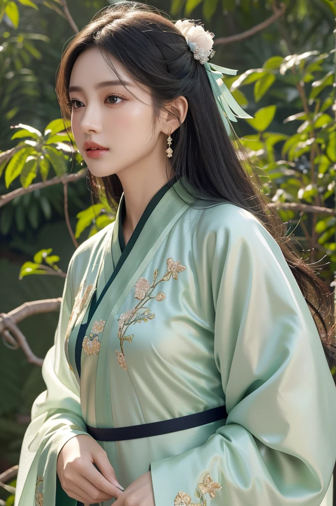 It's Anastasia, endless realism，（masterpiece，top quality，best quality），（1 girl solo：1.3，Close-up of face，upper body）， （Gentle eyes），（Green embroidered Hanfu，Tulle streamers），（hairpin，Black long hair），（Green Hanfu），Light pink lips，（young），earrings，(Clear facial features，Delicate skin texture，Pretty Face，Facial highlights，Above the waist）， stand up，fit，8K 超HD，SLR，Soft lighting，HD，high resolution，（Highly detailed CG Unity 8k wallpaper）