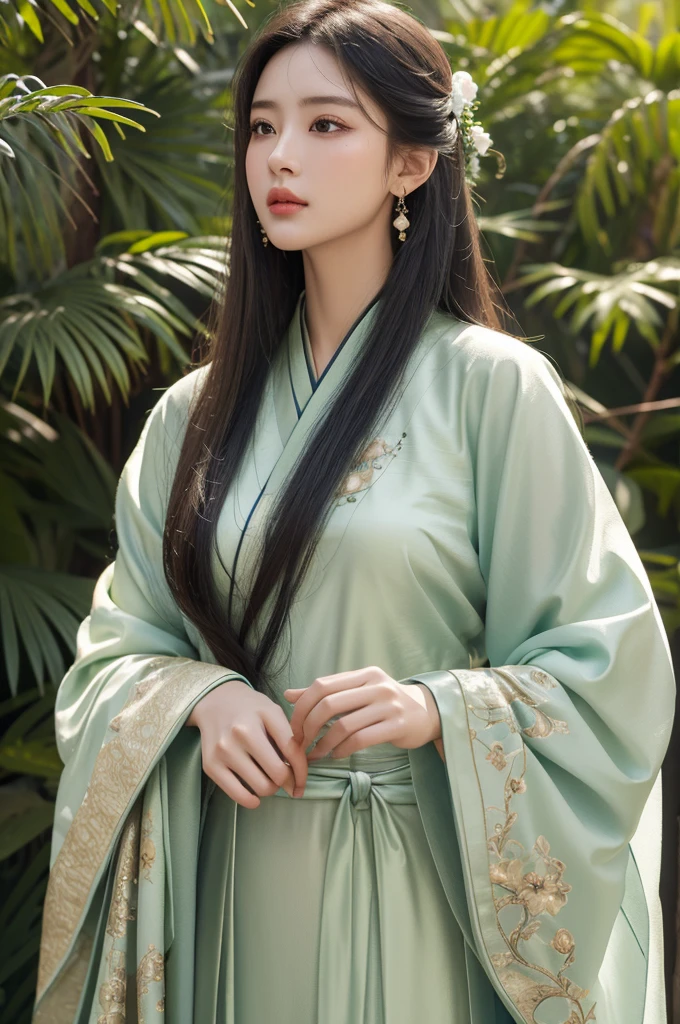 It's Anastasia, endless realism,(masterpiece,top quality,best quality),(1 girl solo:1.3,Close-up of face,upper body), (Gentle eyes),(Green embroidered Hanfu,Tulle streamers),(hairpin,Black long hair),(Green Hanfu),Light pink lips,(young),earrings,(Clear facial features,Delicate skin texture,Pretty Face,Facial highlights,Above the waist), stand up,fit,8K 超HD,SLR,Soft lighting,HD,high resolution,(Highly detailed CG Unity 8k wallpaper)
